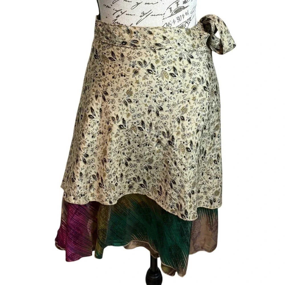 Reversible Silk Wrap Skirt Boho Floral Paisley Multicolor OS 21